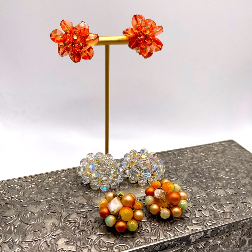 Vintage clip on earrings set of 3 orange tones